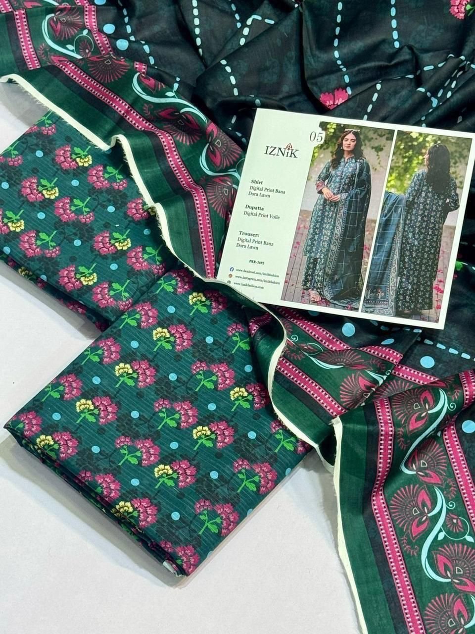 Iznik Lawn Unstitched 3 Piece Suit | Colour-Dark Green Blue