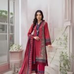 women wear Farasha Lawn 3 Piece Suit | Colour-Red