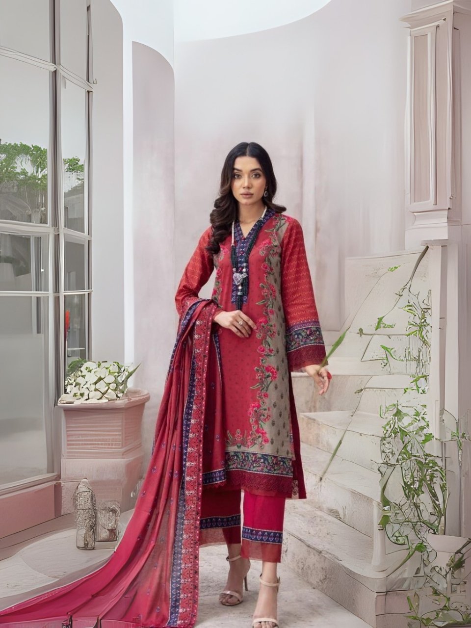 women wear Farasha Lawn 3 Piece Suit | Colour-Red women wear Farasha Lawn 3 Piece Suit | Colour-Red