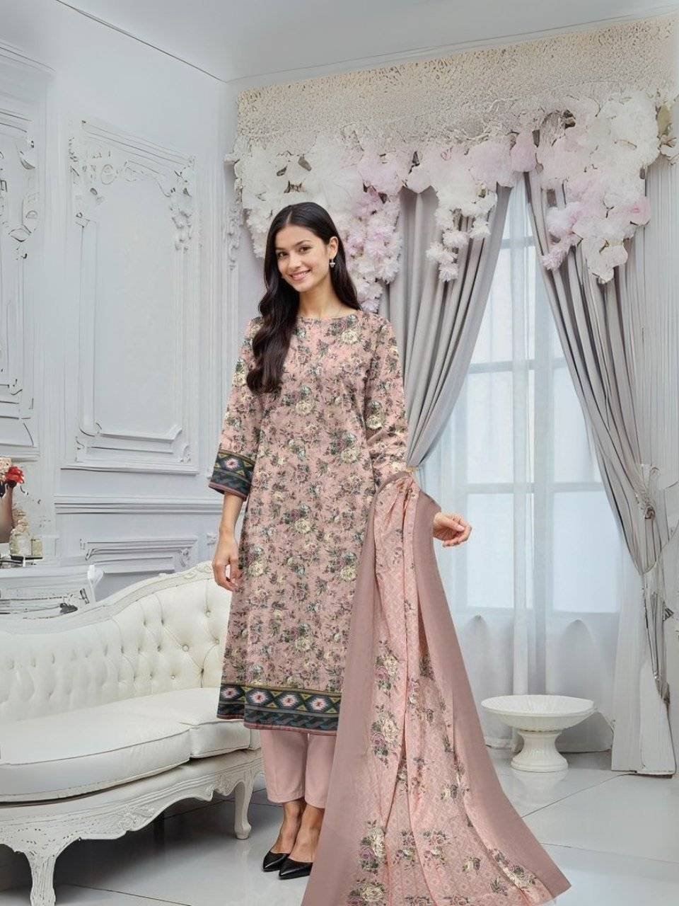 Women Wear Lawn 3 Piece Suit | Colour-Pinkish Grey