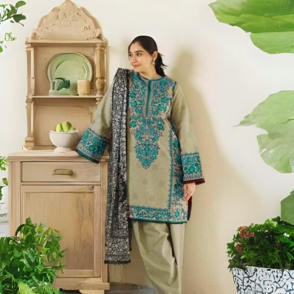 women wear Maria B Lawn 3 Piece Suit | Colour-Green Smoke