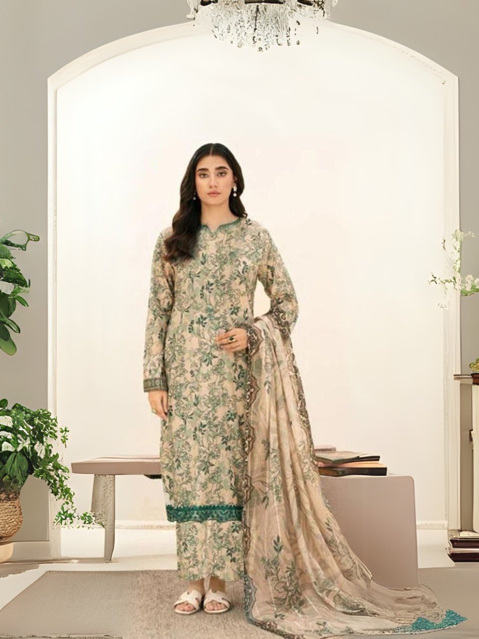 women wear Khaadi Lawn 3 Piece Suit | Colour- Khaki