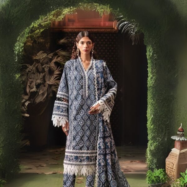 Women wear Iznik Lawn 3 Piece Suit | Colour-Davy Blue