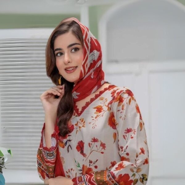women wear Nishat Lawn 3 Piece Suit | Colour- Vanilla