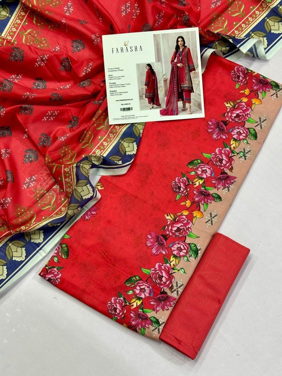 Farasha Lawn Unstitched 3 Piece Suit | Colour-Red Farasha Lawn Unstitched 3 Piece Suit | Colour-Red