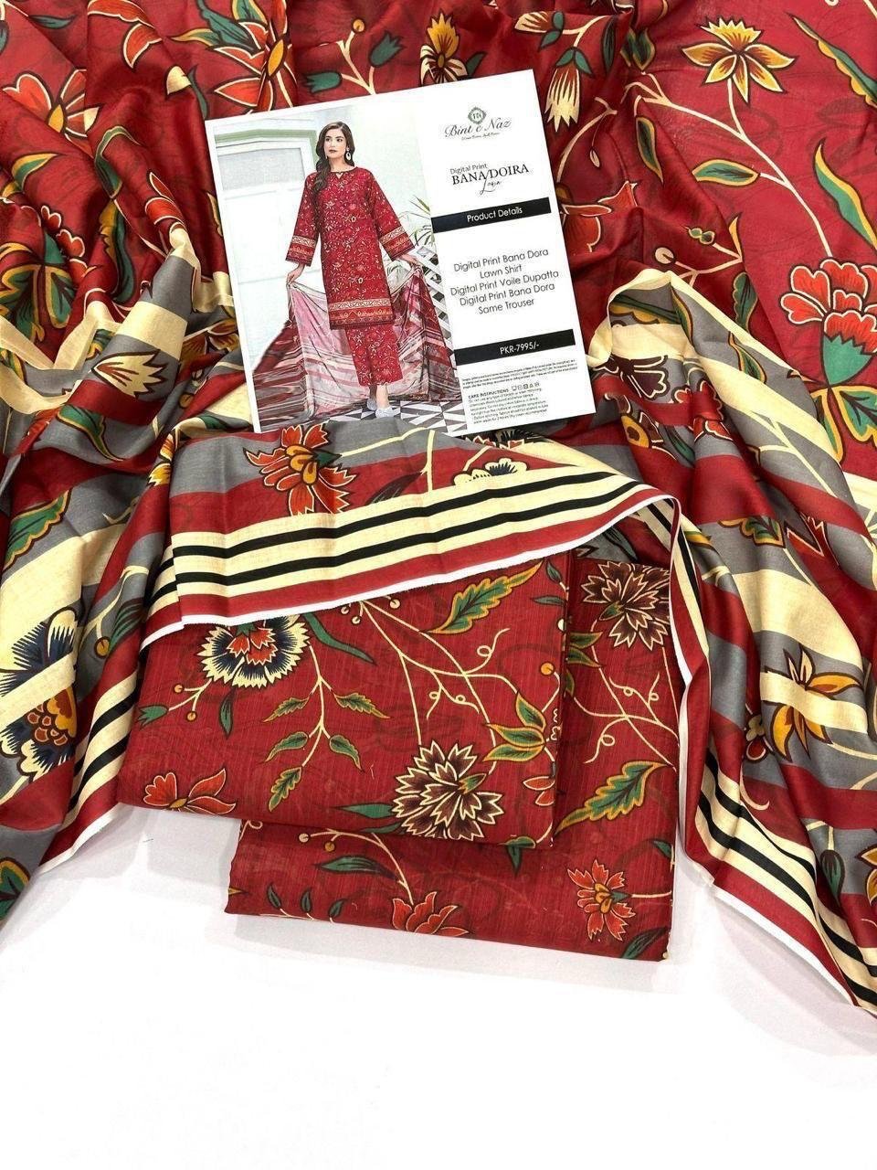 Bint e Naz Lawn Unstitched 3 Piece Suit | Colour-Red Brown