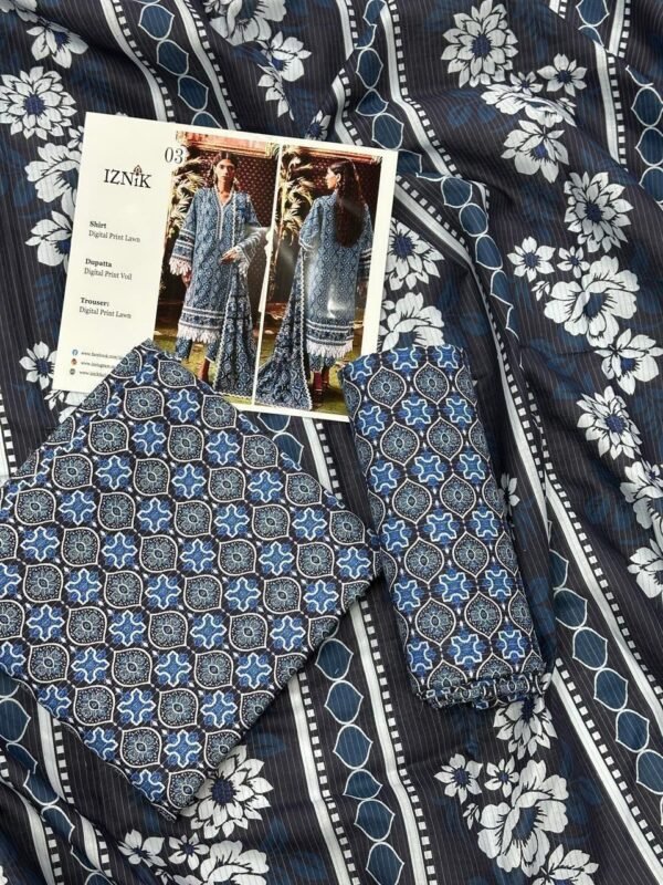 Iznik Lawn Unstitched 3 Piece Suit | Colour-Davy Blue