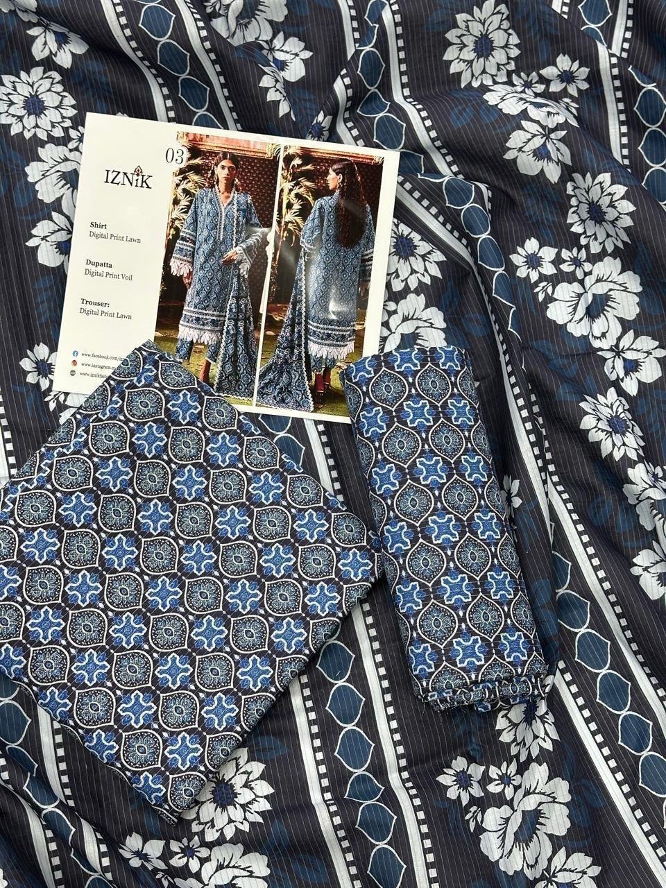 Iznik Lawn Unstitched 3 Piece Suit | Colour-Davy Blue Iznik Lawn Unstitched 3 Piece Suit | Colour-Davy Blue