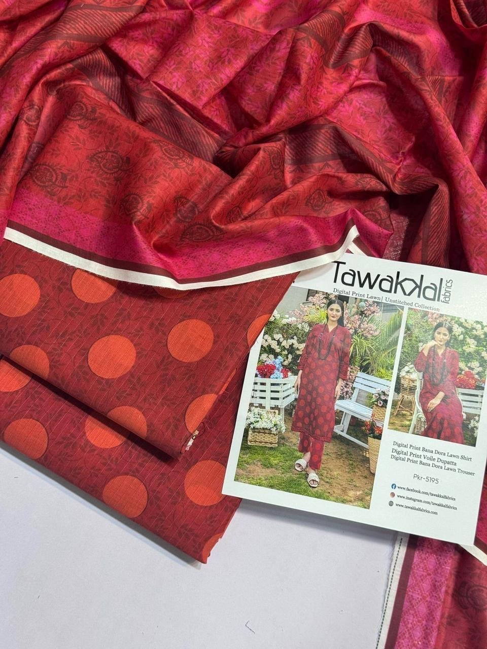 Tawakkal Lawn Unstitched 3 Piece Suit | Colour- Red Brown