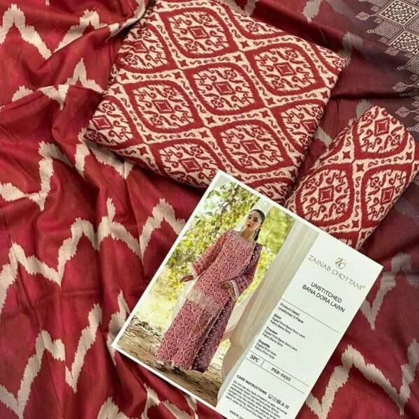 Zainab Chottani Lawn Unstitched 3 Piece Suit | Colour- Brownish Red