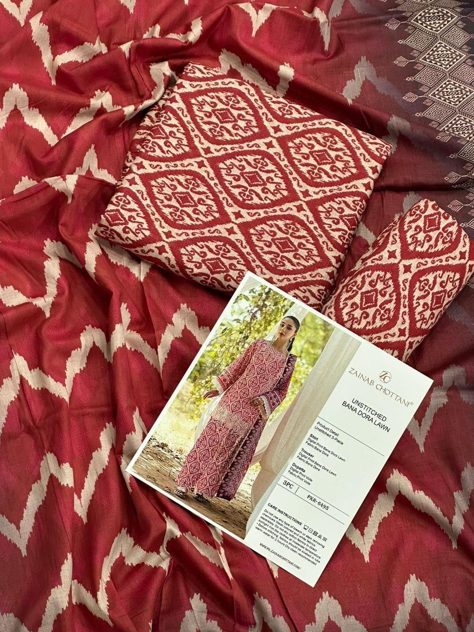 Zainab Chottani Lawn Unstitched 3 Piece Suit | Colour- Brownish Red