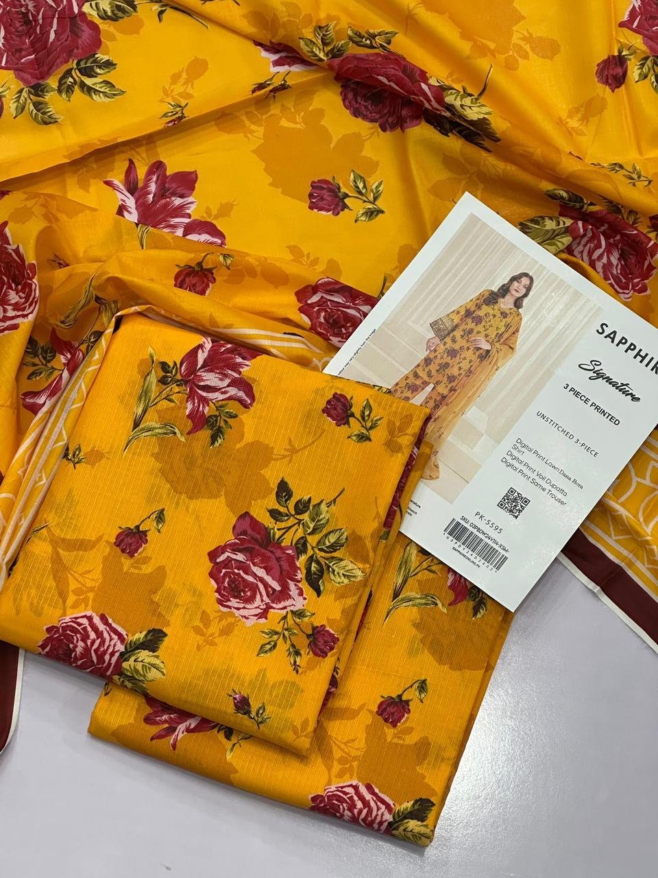 Sapphire Signature Unstitched 3 Piece Digital Print Lawn | Colour-Yellow