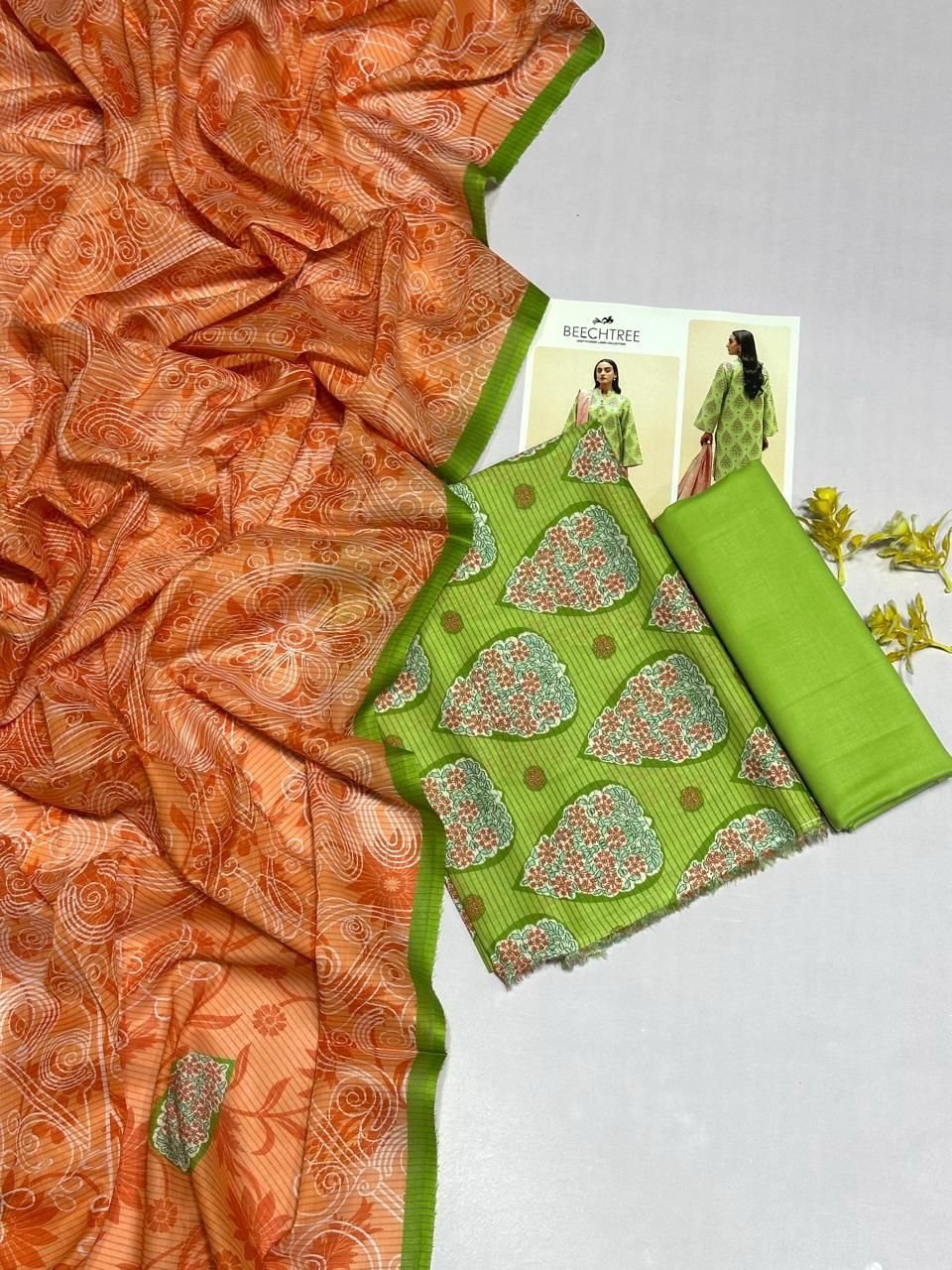 Beechtree Lawn Unstitched 3 Piece Suit | Colour-Green