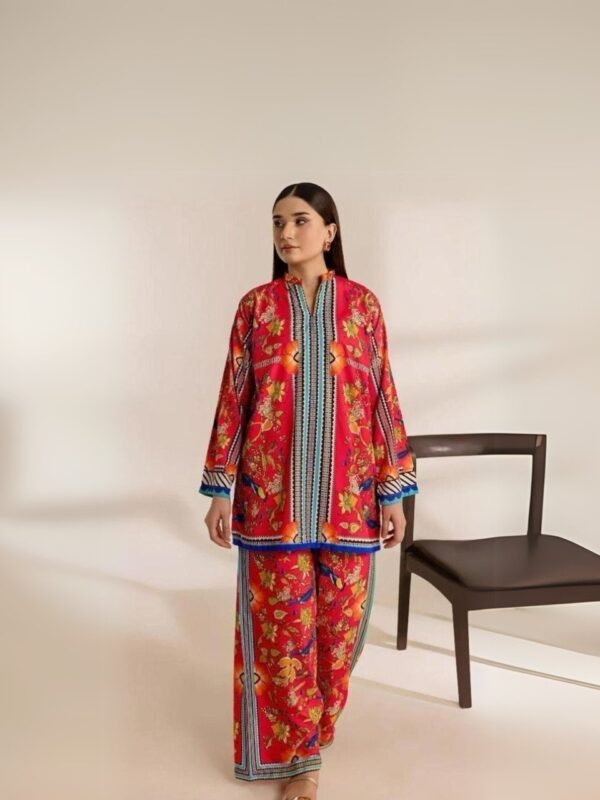 women wear Bint e Naz Lawn 2 Piece Suit | Colour-Brick Red
