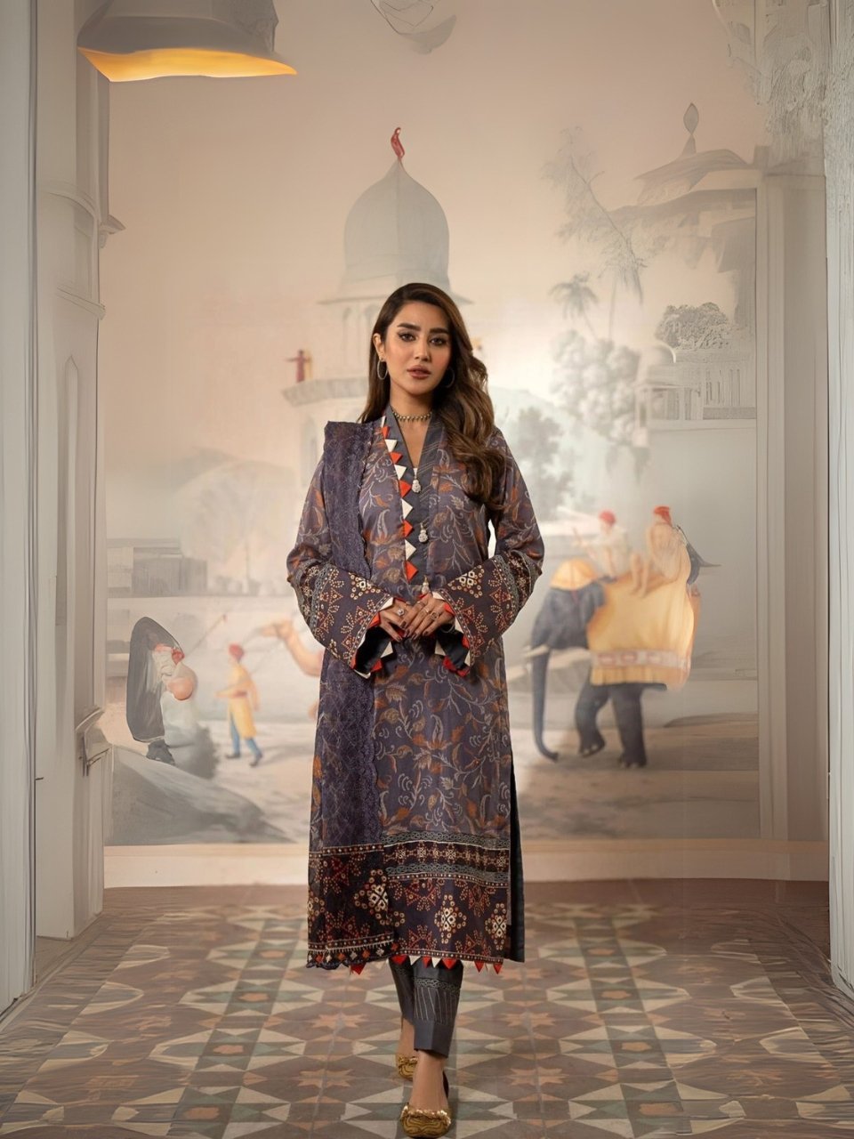 Women wear Zeen Lawn 3 Piece Suit | Colour-Smokey Grey