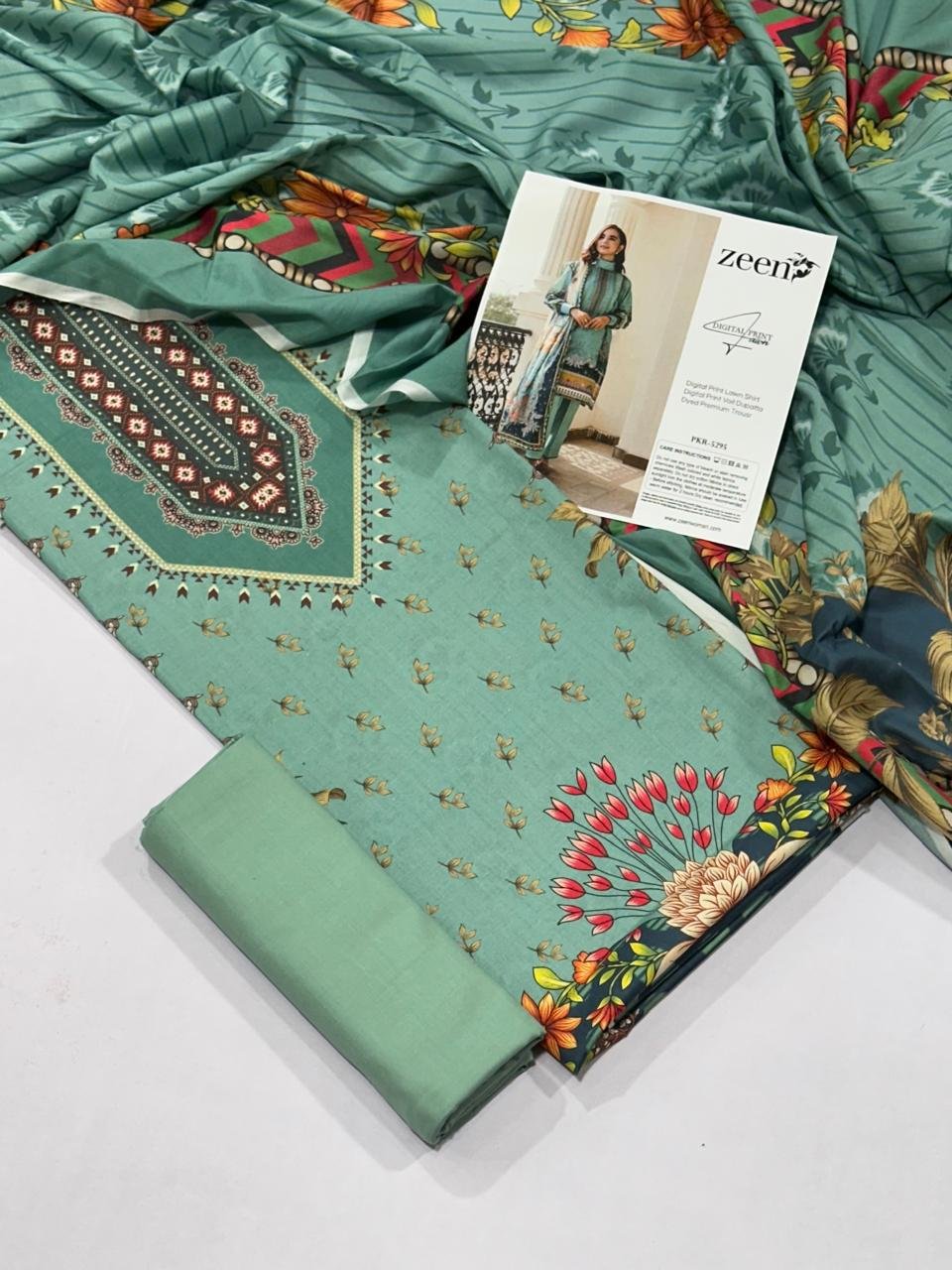 Zeen Lawn Unstitched 3 Piece Suit | Colour-Greenish Grey