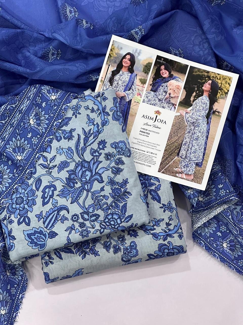 Asim Jofa Lawn Fabric Unstitched 3 Piece Suit | Colour- Light Gray Blue