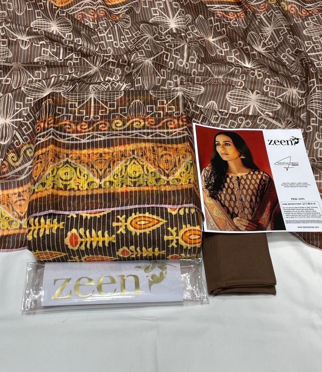 Zeen Lawn Unstitched 3 Piece Suit | Colour-Greyish Brown