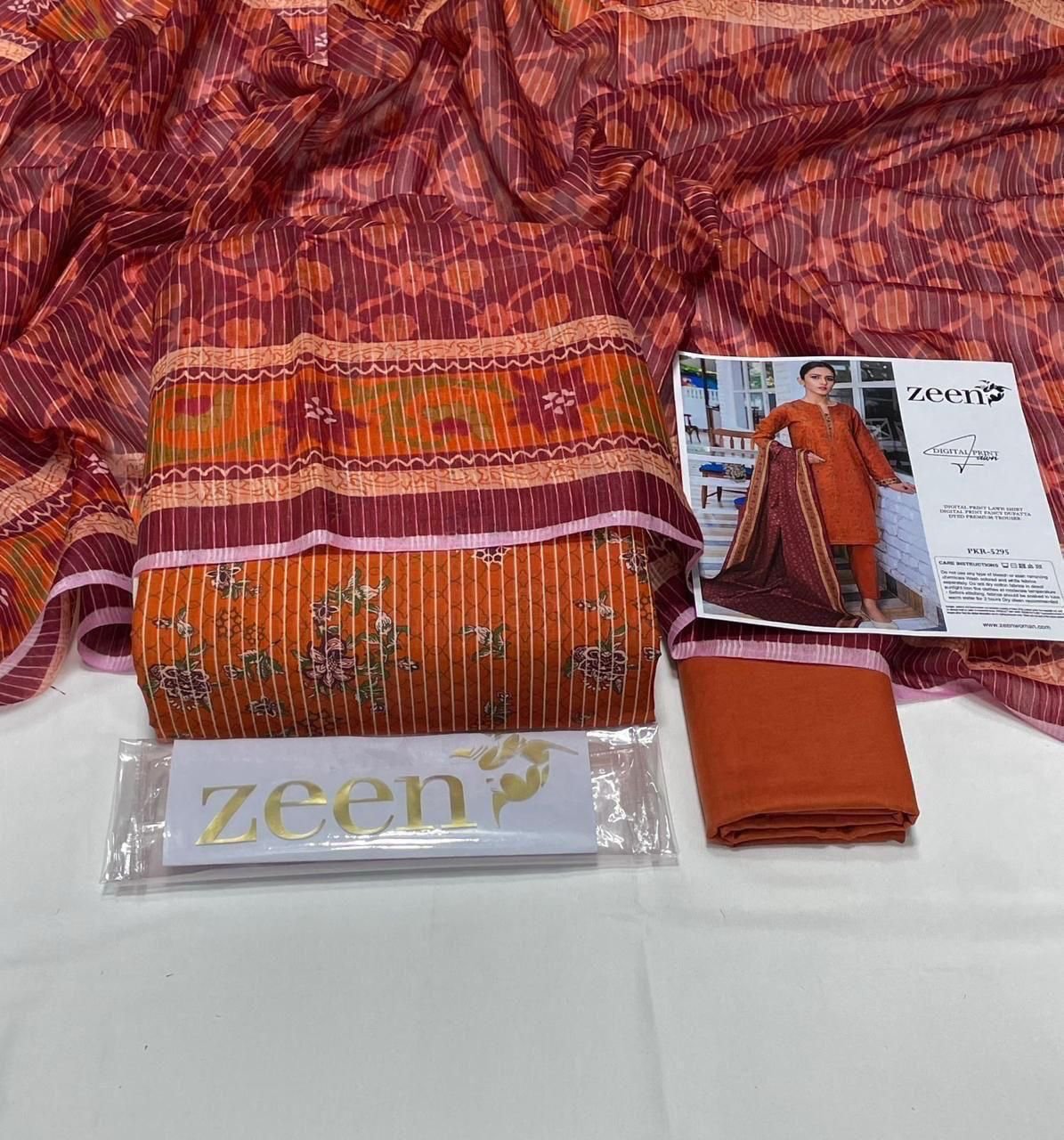 Zeen Lawn Unstitched 3 Piece Suit | Colour-Dark Salmon