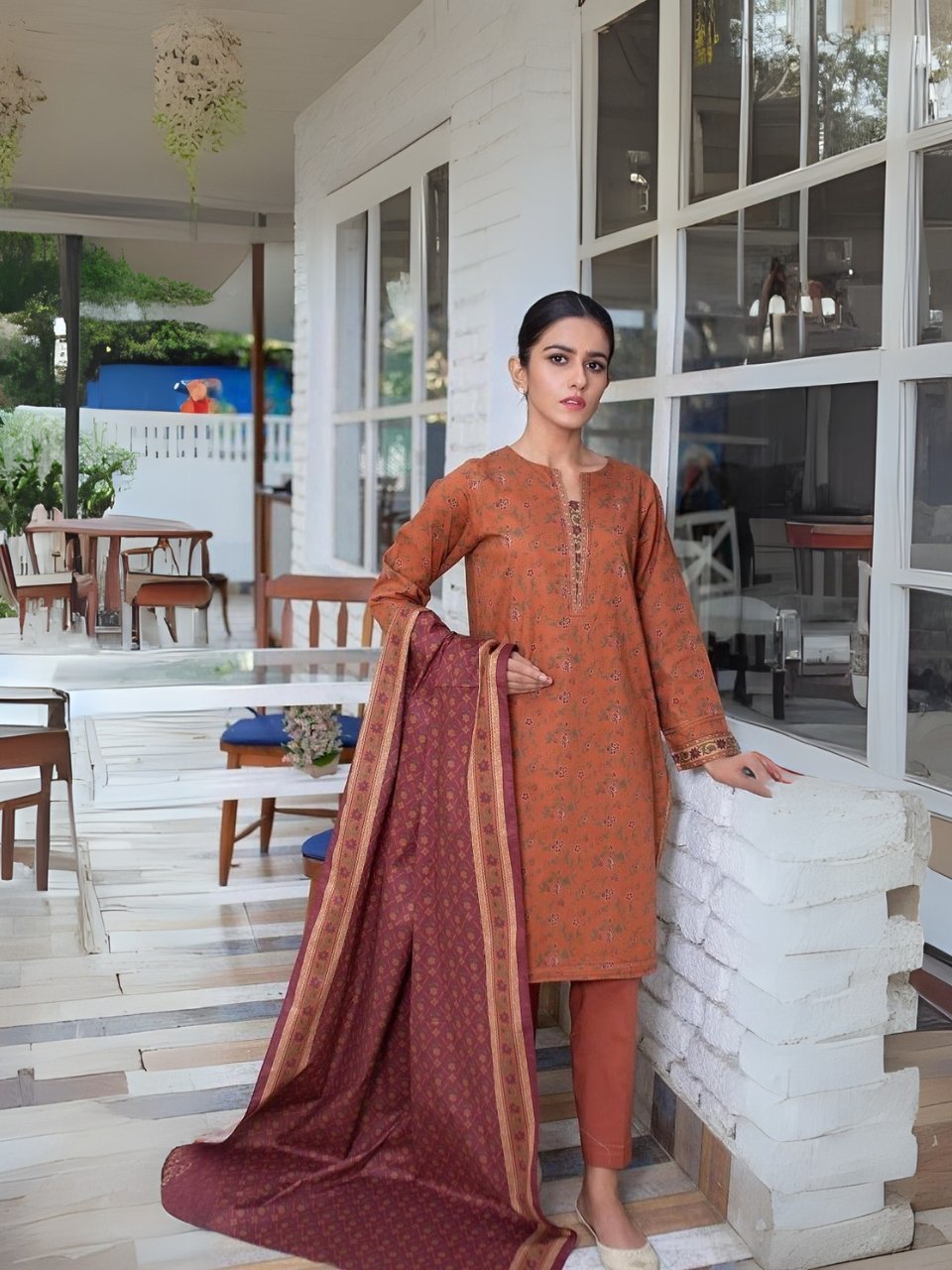 Women wear Zeen Lawn 3 Piece Suit | Colour-Dark Salmon