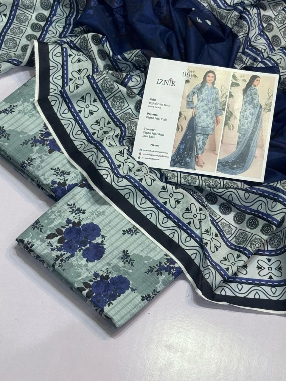 Iznik Lawn Unstitched 3 Piece Suit | Colour-Ash Grey