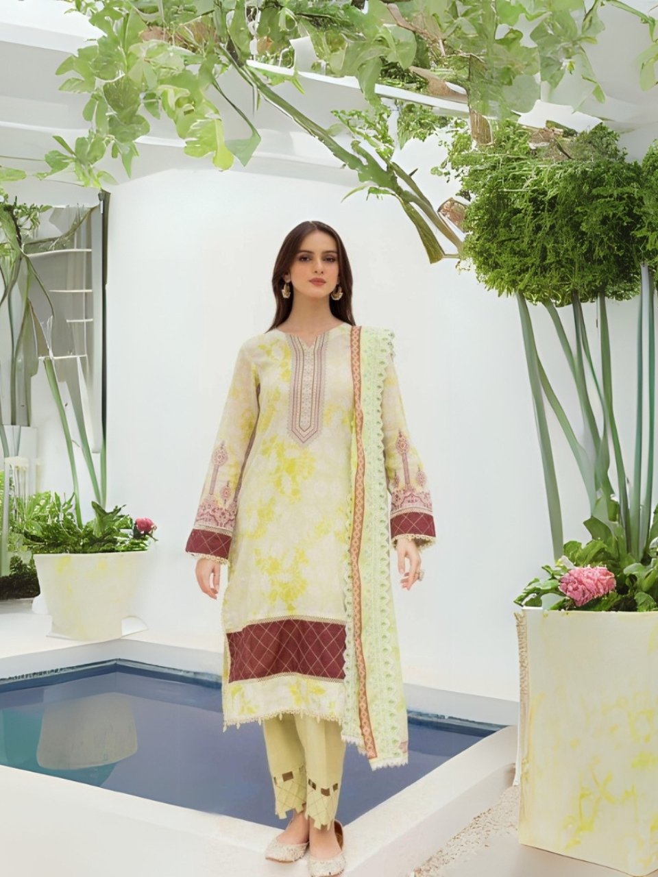 women wear Asifa and Nabeel Lawn 3 Piece Suit | Colour-Mustard Green Suit