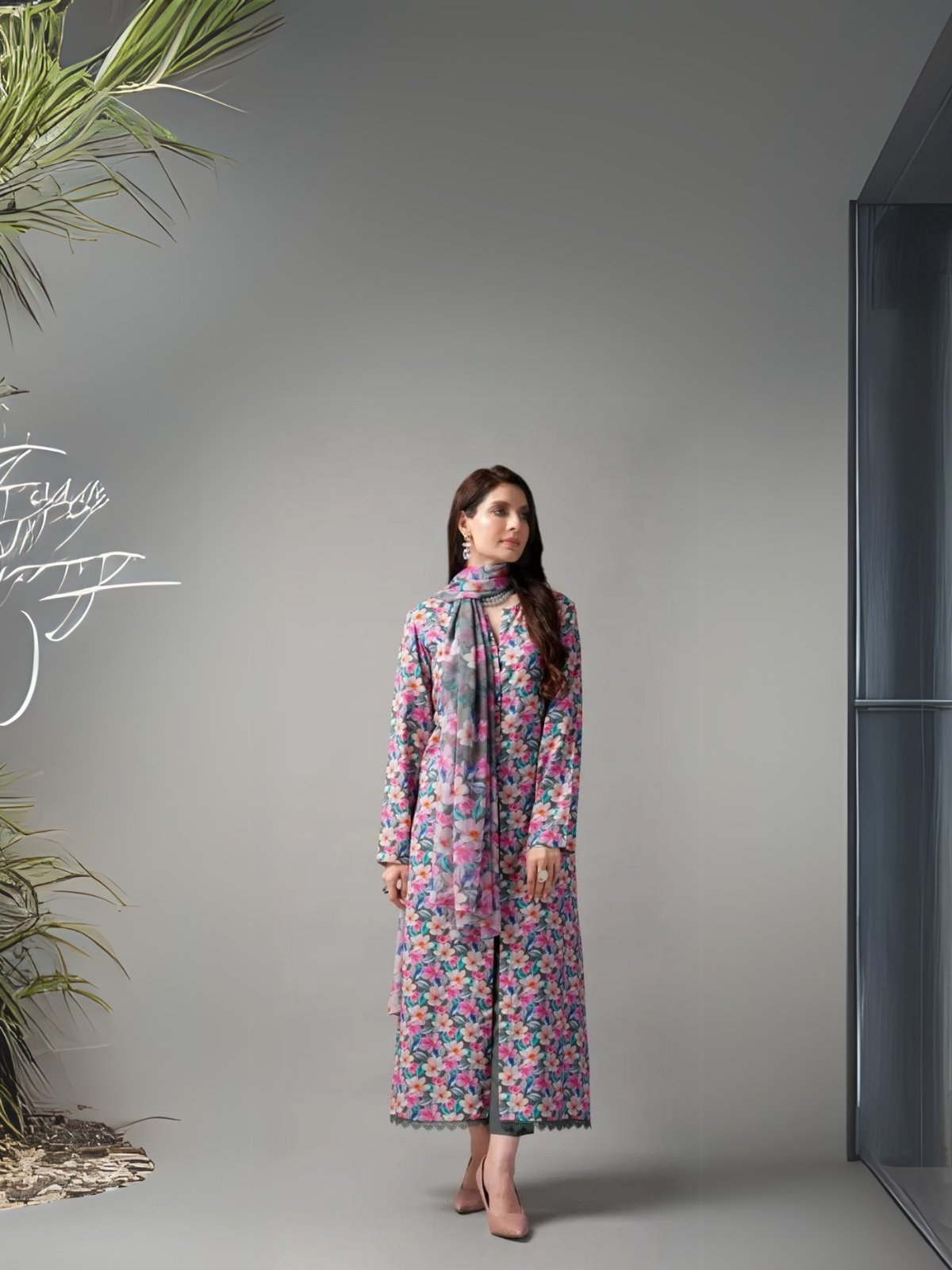 women wear Bareeze Lawn 3 Piece Suit | Colour-Purple Suit