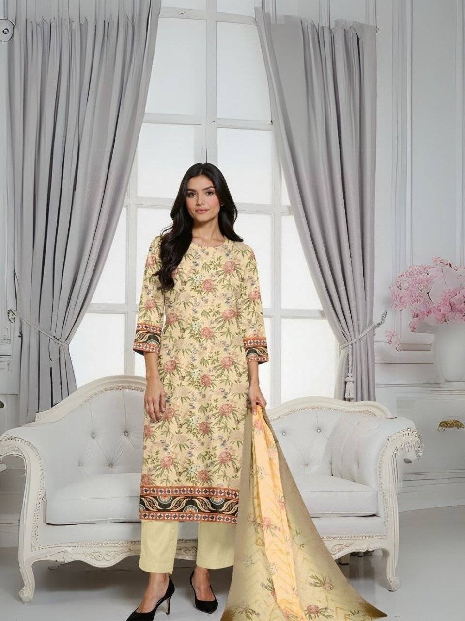 women wear Gul Ahmed Lawn 3 Piece Suit | Colour-Green Mist