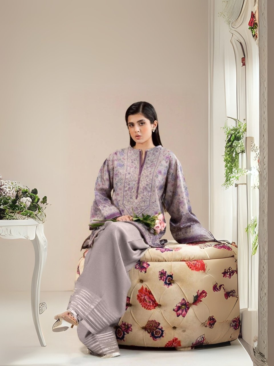 women wear Maria B Lawn 3 Piece Suit | Colour-Hit Grey