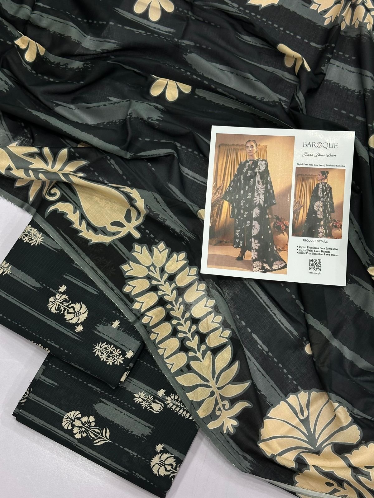 Baroque Print Lawn Unstitched 3 Piece Suit | Colour-Black Baroque Print Lawn Unstitched 3 Piece Suit | Colour-Black