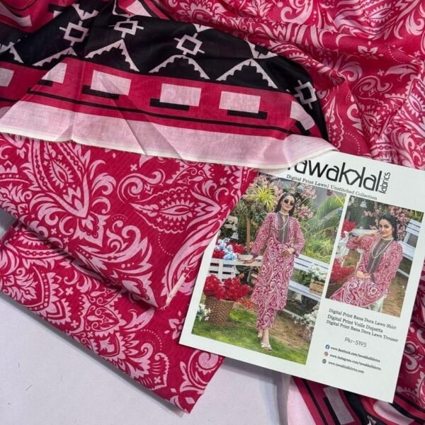 Tawakkal Lawn Unstitched 3 Piece Suit | Colour- Pinkish Red
