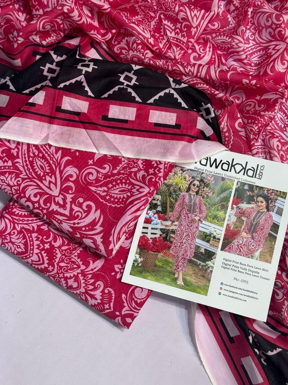 Tawakkal Lawn Unstitched 3 Piece Suit | Colour- Pinkish Red