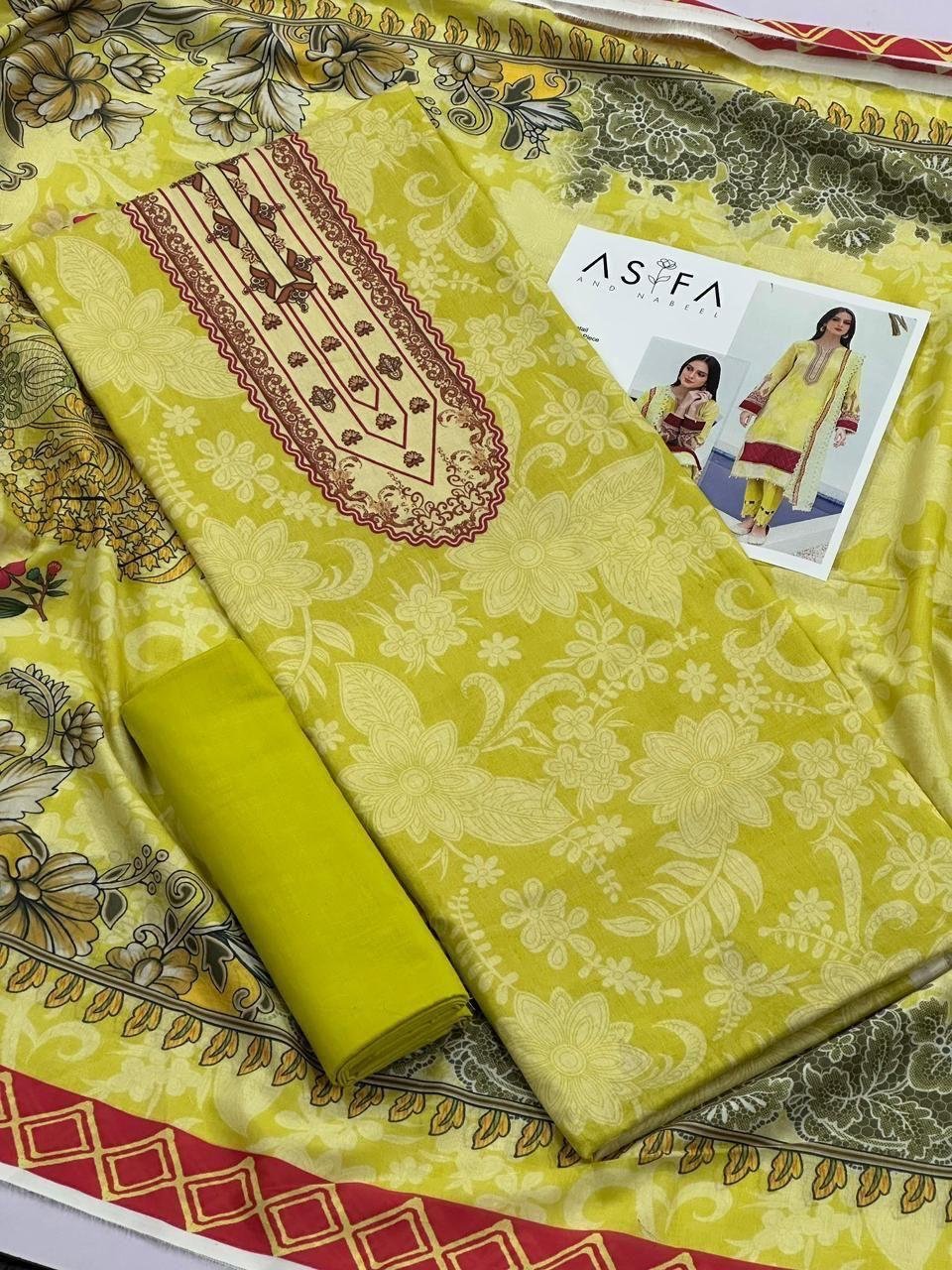 Asifa and Nabeel Lawn Unstitched 3 Piece Suit | Colour-Mustard Green Suit