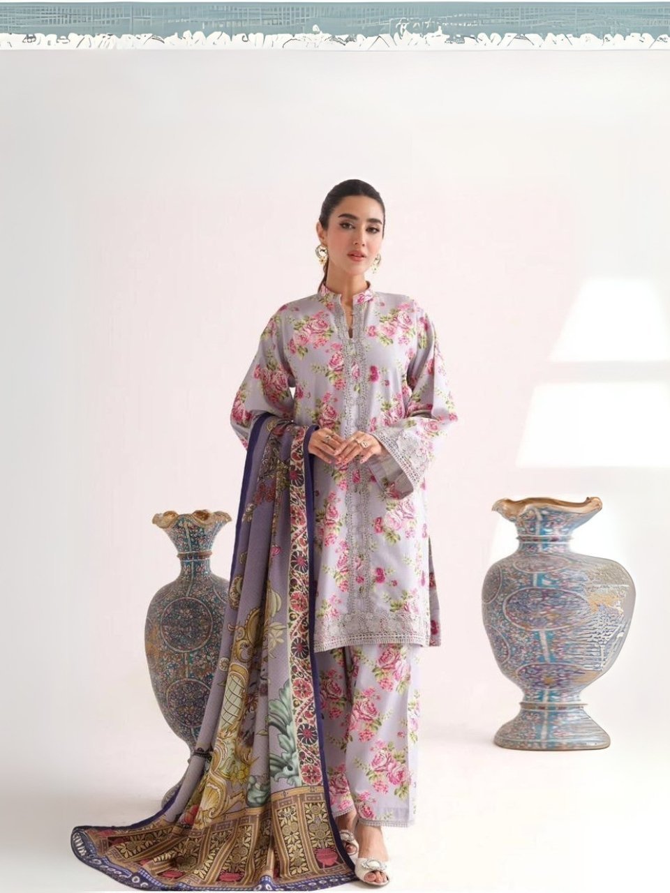 women wear Nishat Lawn 3 Piece Suit | Colour-Pinkish Grey