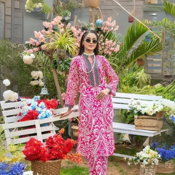 women wear Tawakkal Lawn 3 Piece Suit | Colour- Pinkish Red