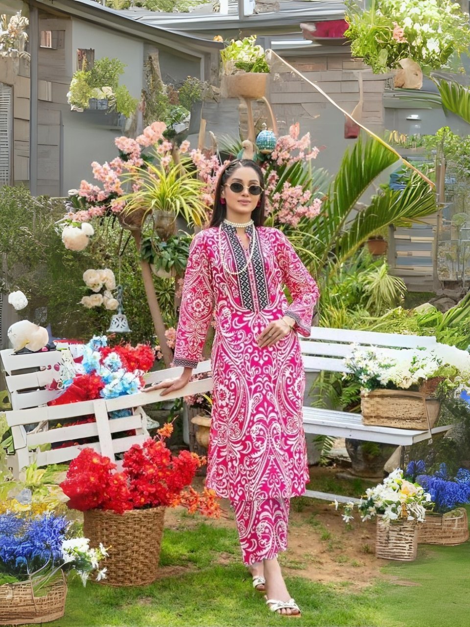 women wear Tawakkal Lawn 3 Piece Suit | Colour- Pinkish Red