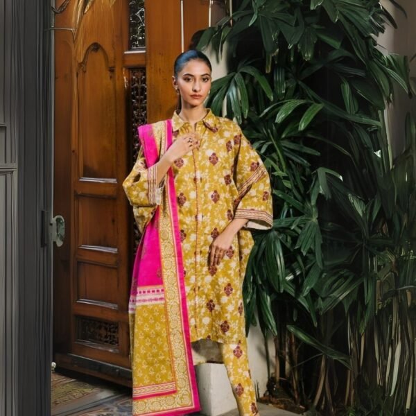 women wear Zellbury Lawn 3 Piece Suit | Colour- Dark Yellow