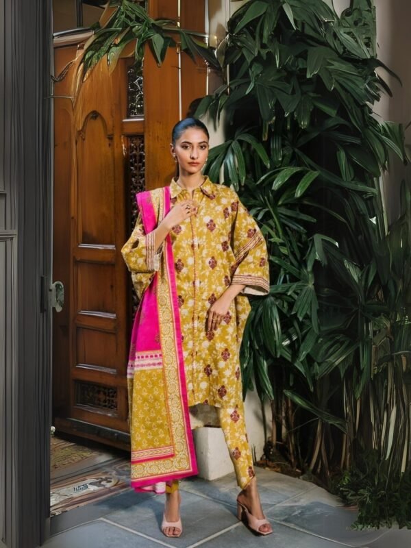 women wear Zellbury Lawn 3 Piece Suit | Colour- Dark Yellow
