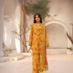 women wear Edenrobe Women Allure Lawn 3 Piece Suit | Colour-Golden