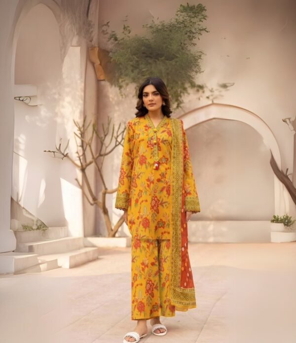 women wear Edenrobe Women Allure Lawn 3 Piece Suit | Colour-Golden