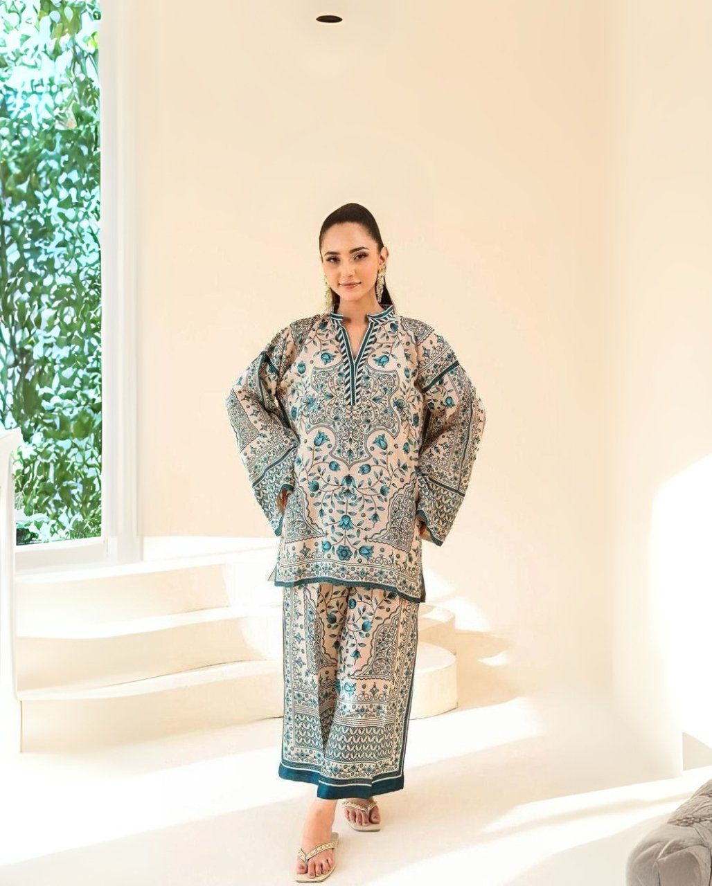 women wear Bint e Naz Lawn 2 Piece Suit | Colour- Vanilla women wear Bint e Naz Lawn 2 Piece Suit | Colour- Vanilla