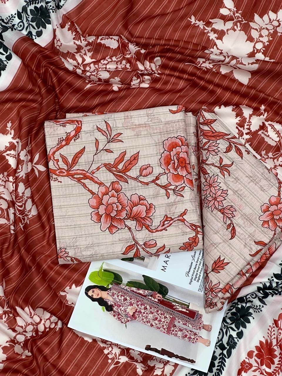 Maria.B. Premium Lawn Unstitched 3 Piece Suit | Colour-Reddish Orange