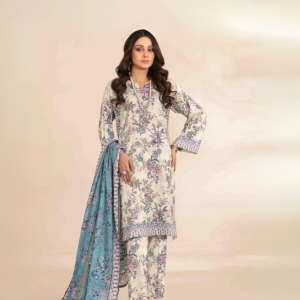 women wear Nishat Lawn 3 Piece Suit | Colour- Vanilla