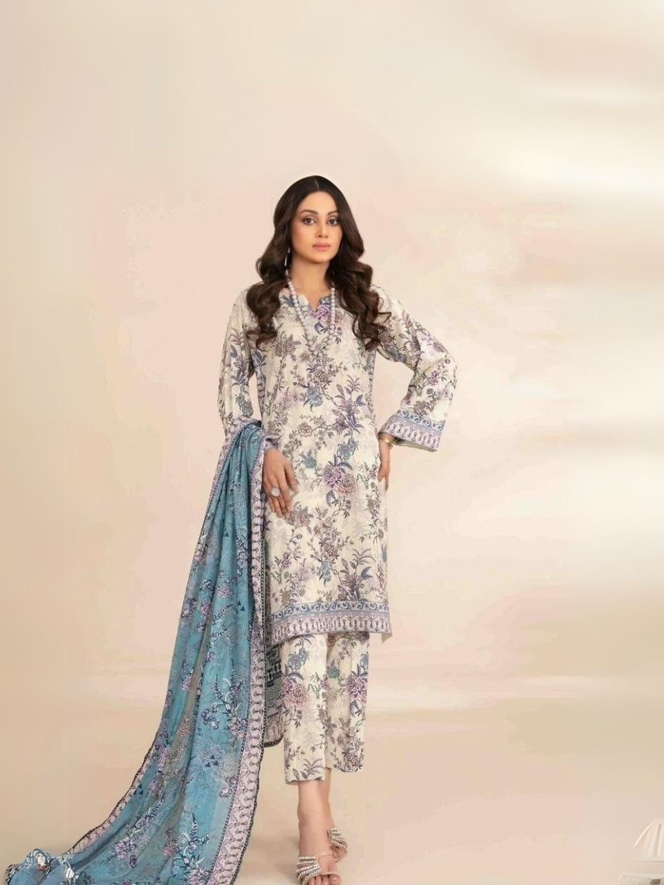 women wear Nishat Lawn 3 Piece Suit | Colour- Vanilla
