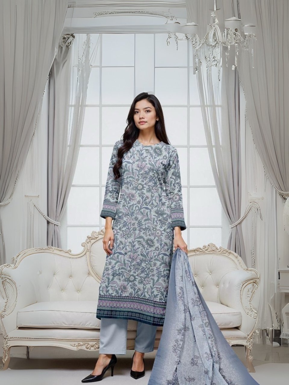 women wear Gul Ahmed Lawn 3 Piece Suit | Colour-Silver Nickel