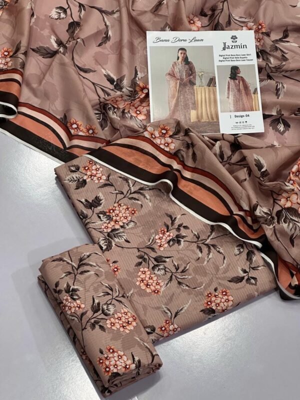 Jazmin Lawn Unstitched 3 Piece Suit | Colour-Grey Brown
