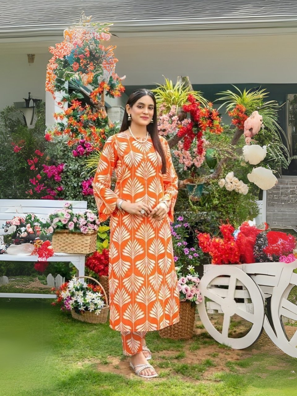 women wear Tawakkal Lawn 3 Piece Suit | Colour- Reddish Orange