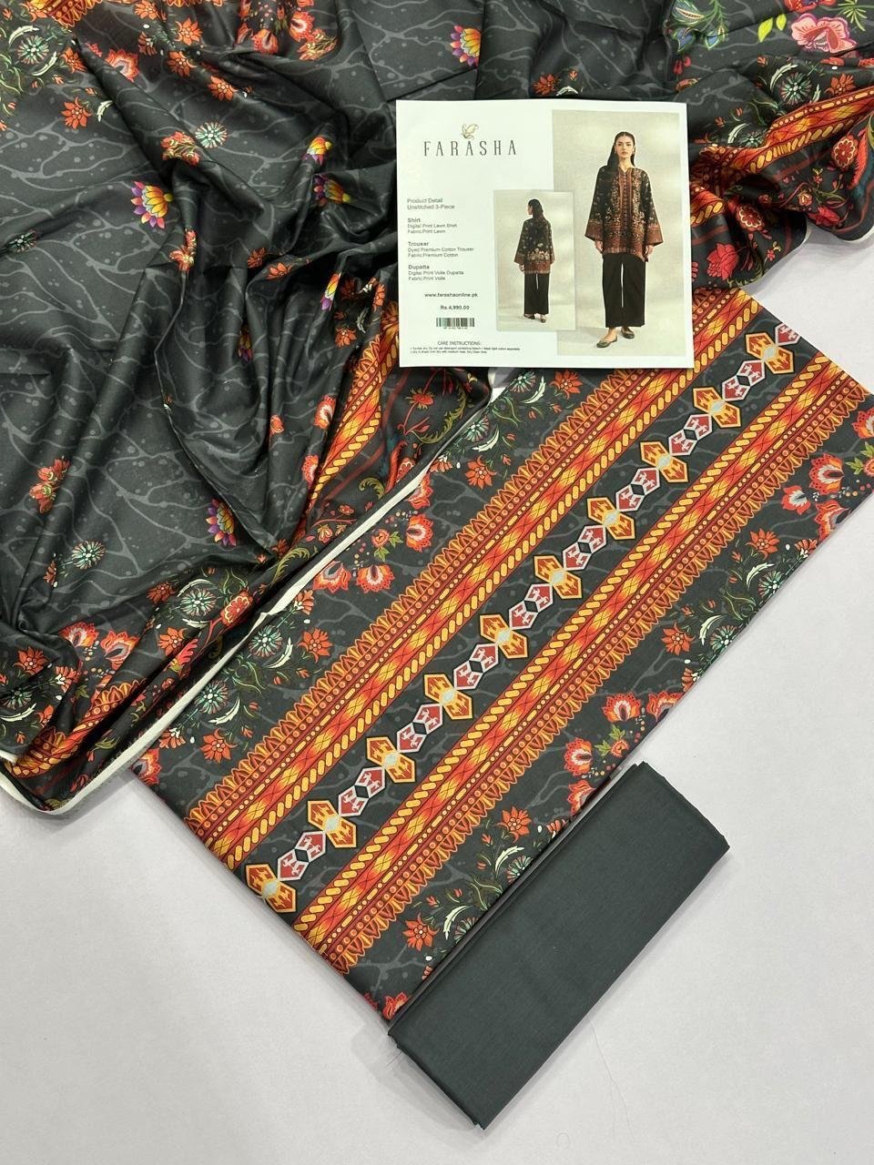 Farasha Lawn Unstitched 3 Piece Suit | Colour-Charcoal Grey Farasha Lawn Unstitched 3 Piece Suit | Colour-Charcoal Grey