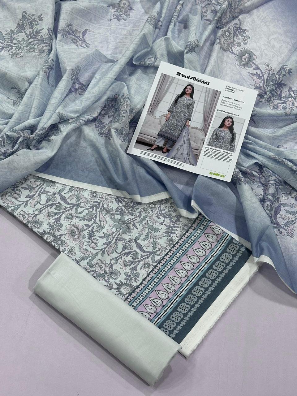 Gul Ahmed Lawn Unstitched 3 Piece Suit | Colour-Silver Nickel