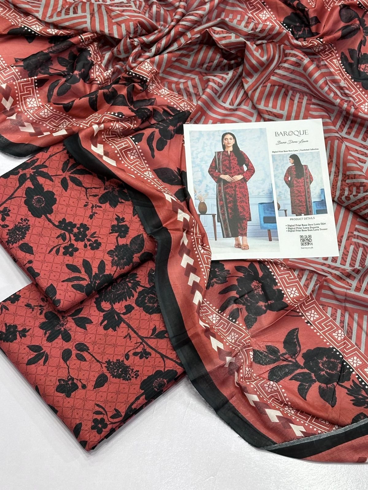 Baroque Print Lawn Unstitched 3 Piece Suit | Colour-Red Baroque Print Lawn Unstitched 3 Piece Suit | Colour-Red